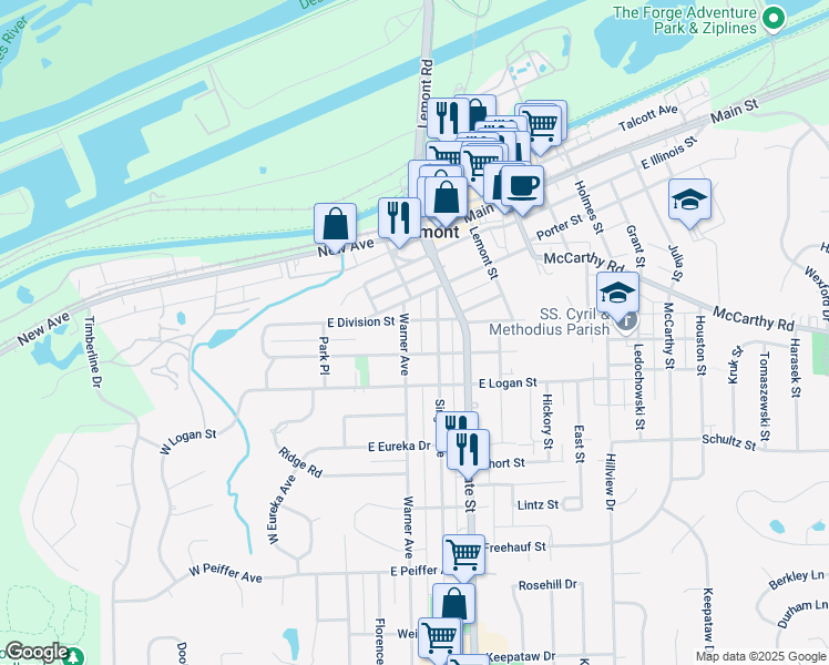 map of restaurants, bars, coffee shops, grocery stores, and more near 58 East Custer Street in Lemont