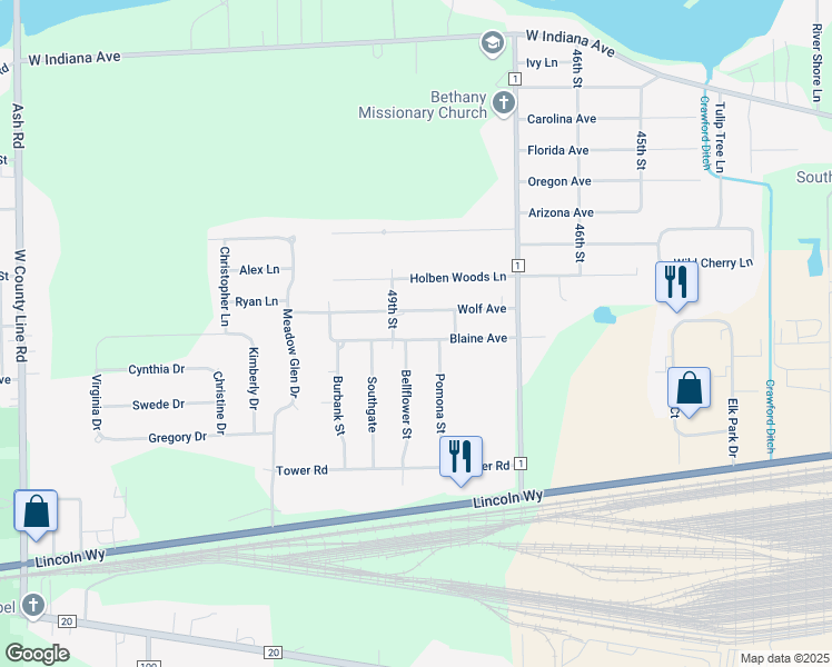 map of restaurants, bars, coffee shops, grocery stores, and more near 30187-30201 Wolf Avenue in Elkhart