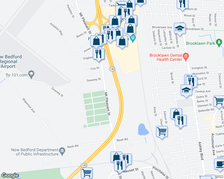 map of restaurants, bars, coffee shops, grocery stores, and more near 748 Mount Pleasant Street in New Bedford