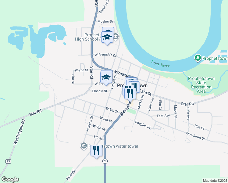 map of restaurants, bars, coffee shops, grocery stores, and more near 215 West 3rd Street in Prophetstown