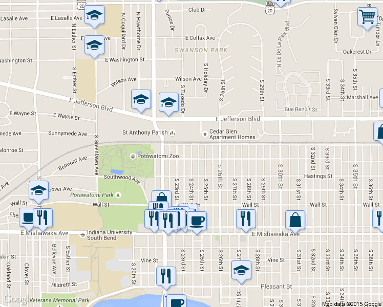 map of restaurants, bars, coffee shops, grocery stores, and more near 614 S 24th St in South Bend