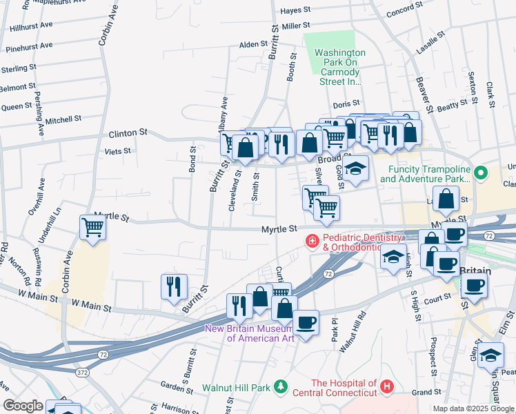 map of restaurants, bars, coffee shops, grocery stores, and more near 23 Smith Street in New Britain