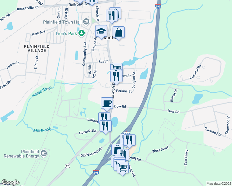 map of restaurants, bars, coffee shops, grocery stores, and more near 722 Norwich Road in Plainfield