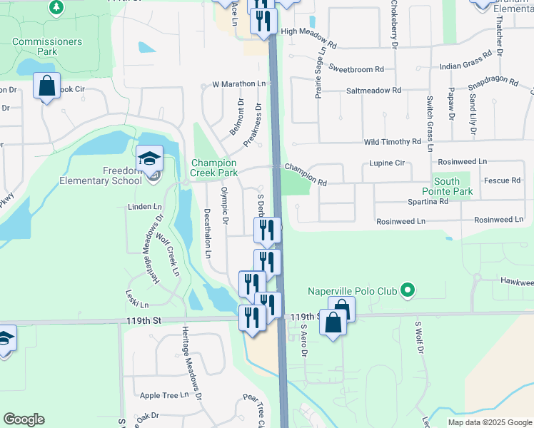 map of restaurants, bars, coffee shops, grocery stores, and more near 11631 South Derby Lane in Plainfield