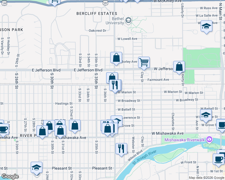 map of restaurants, bars, coffee shops, grocery stores, and more near 515 South Logan Street in South Bend