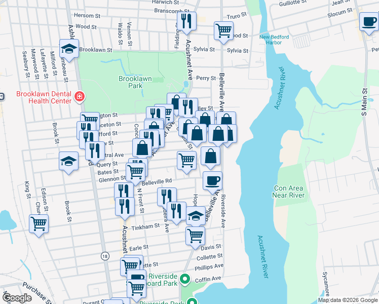 map of restaurants, bars, coffee shops, grocery stores, and more near 60 Conduit Street in New Bedford