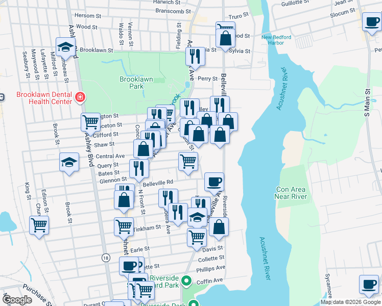 map of restaurants, bars, coffee shops, grocery stores, and more near 60 Conduit Street in New Bedford