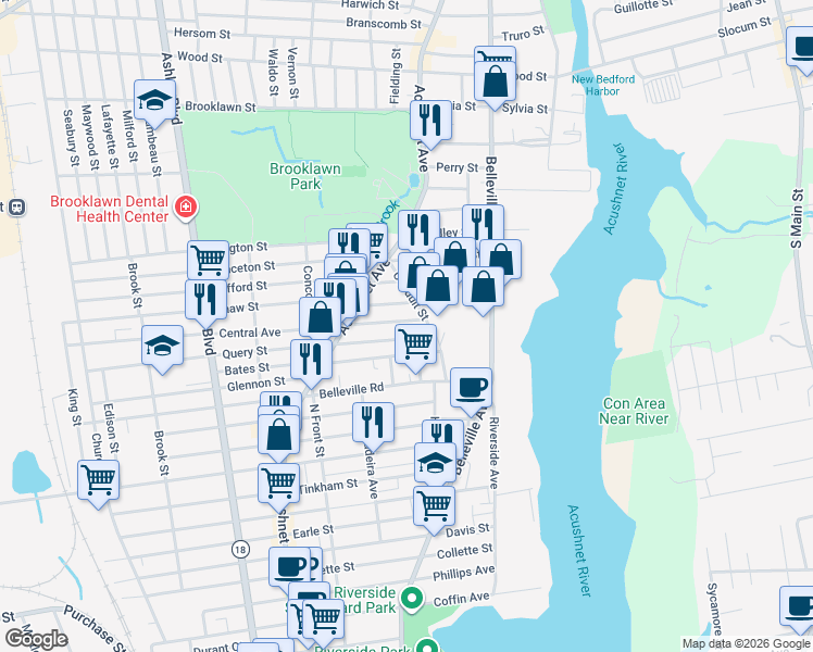map of restaurants, bars, coffee shops, grocery stores, and more near 103 Shaw Street in New Bedford