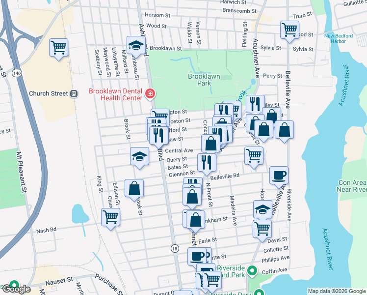 map of restaurants, bars, coffee shops, grocery stores, and more near 237 Shaw Street in New Bedford