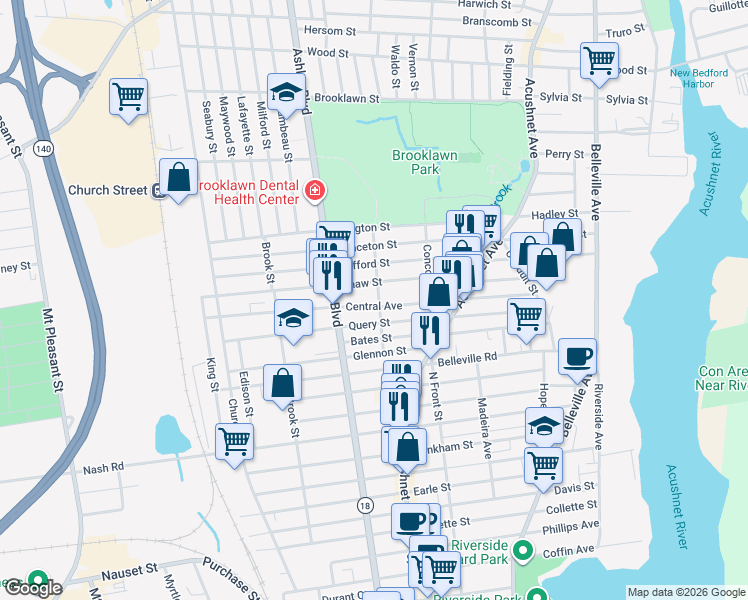 map of restaurants, bars, coffee shops, grocery stores, and more near 275 Shaw Street in New Bedford