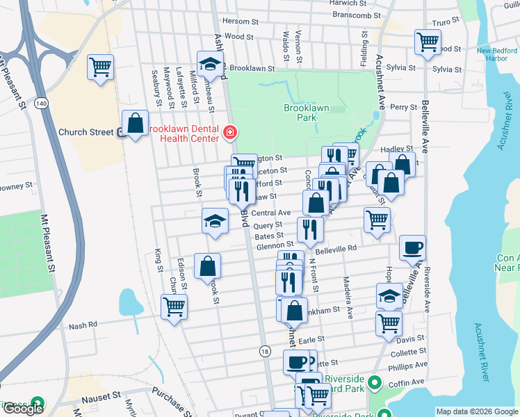 map of restaurants, bars, coffee shops, grocery stores, and more near 275 Shaw Street in New Bedford
