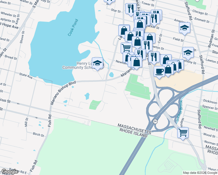 map of restaurants, bars, coffee shops, grocery stores, and more near 22 Mate Drive in Fall River