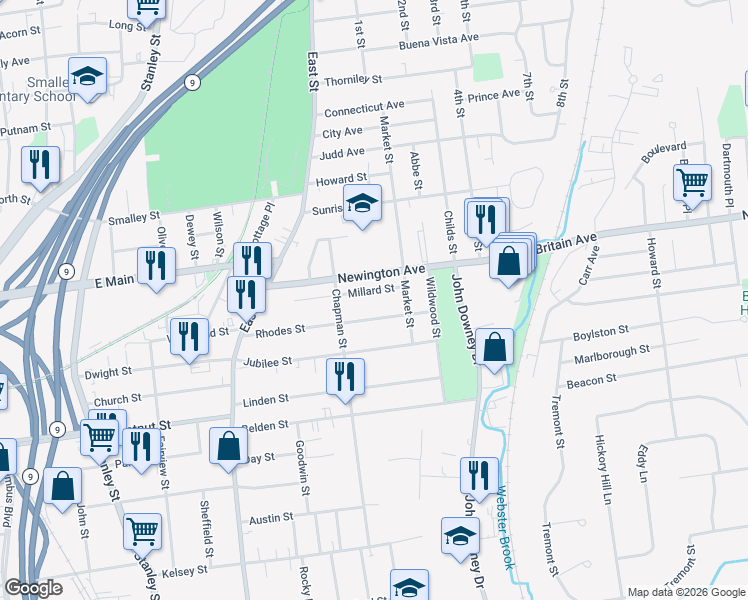 map of restaurants, bars, coffee shops, grocery stores, and more near 137 Newington Avenue in New Britain
