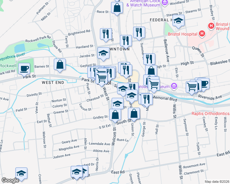 map of restaurants, bars, coffee shops, grocery stores, and more near 149 Connecticut 72 in Bristol