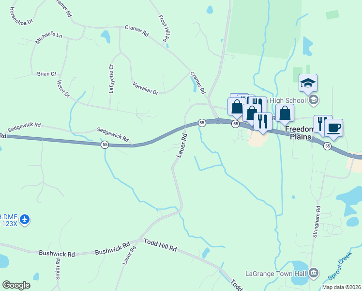 map of restaurants, bars, coffee shops, grocery stores, and more near 1025 Freedom Plains Road in Poughkeepsie