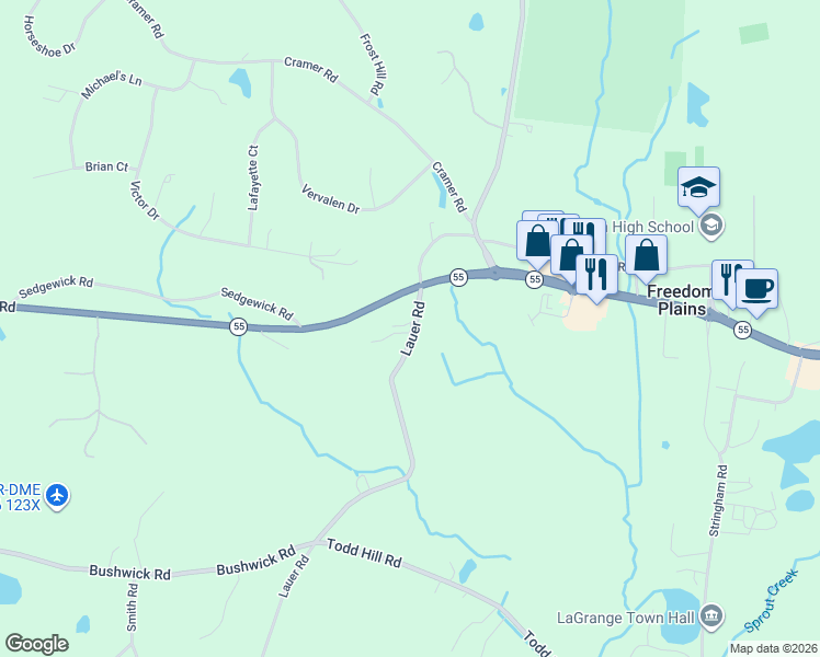 map of restaurants, bars, coffee shops, grocery stores, and more near 1025 Freedom Plains Road in Poughkeepsie
