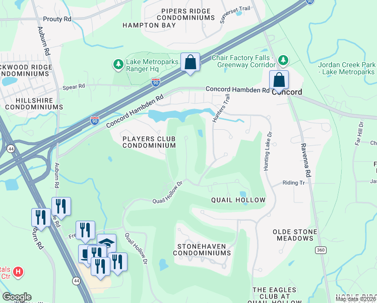 map of restaurants, bars, coffee shops, grocery stores, and more near 7311 Mountain Quail Place in Painesville