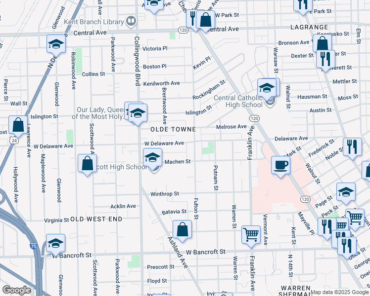 map of restaurants, bars, coffee shops, grocery stores, and more near 2517 Fulton Street in Toledo