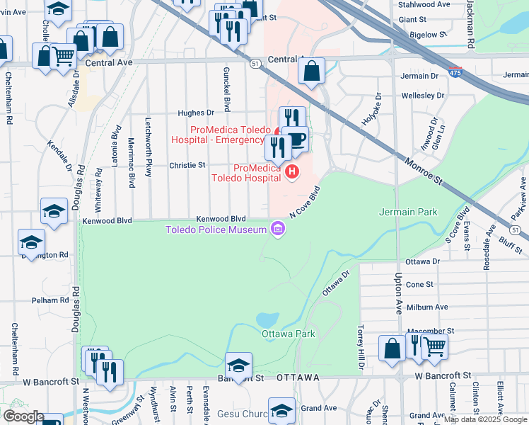 map of restaurants, bars, coffee shops, grocery stores, and more near 2630 Midwood Avenue in Toledo