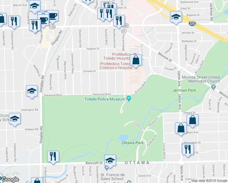 map of restaurants, bars, coffee shops, grocery stores, and more near 2633 Northwood Avenue in Toledo