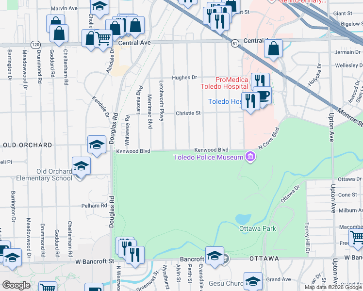 map of restaurants, bars, coffee shops, grocery stores, and more near 2632 Sherbrooke Road in Toledo