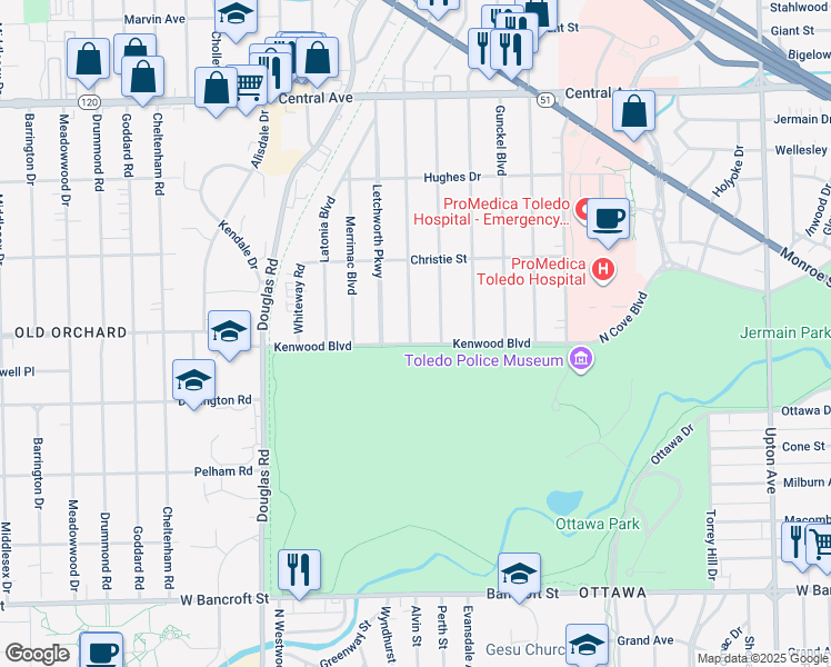 map of restaurants, bars, coffee shops, grocery stores, and more near 2632 Sherbrooke Road in Toledo