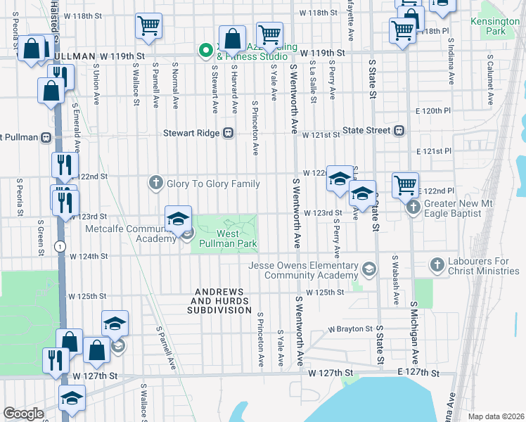map of restaurants, bars, coffee shops, grocery stores, and more near 12230 South Princeton Avenue in Chicago