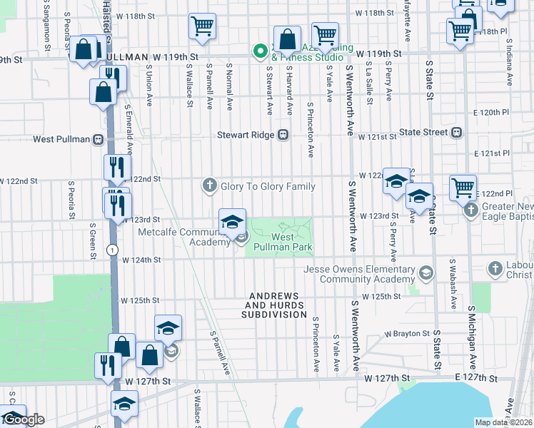 map of restaurants, bars, coffee shops, grocery stores, and more near 12227 South Eggleston Avenue in Chicago
