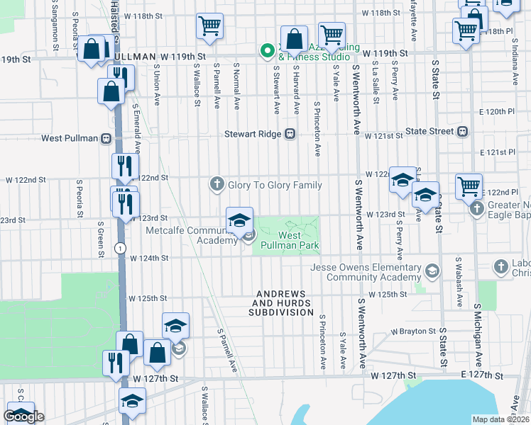 map of restaurants, bars, coffee shops, grocery stores, and more near 12227 South Eggleston Avenue in Chicago