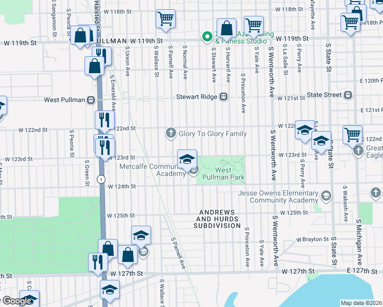 map of restaurants, bars, coffee shops, grocery stores, and more near 12235 South Normal Avenue in Chicago