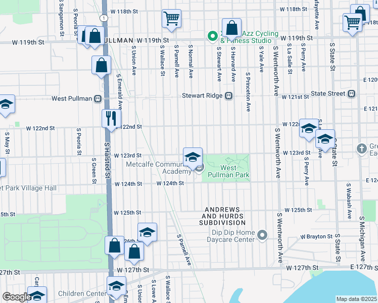 map of restaurants, bars, coffee shops, grocery stores, and more near 12235 South Normal Avenue in Chicago