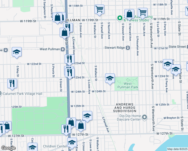 map of restaurants, bars, coffee shops, grocery stores, and more near 12226 South Wallace Street in Chicago