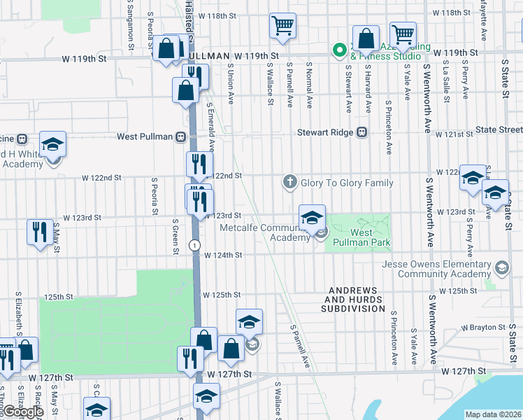map of restaurants, bars, coffee shops, grocery stores, and more near 12226 South Wallace Street in Chicago