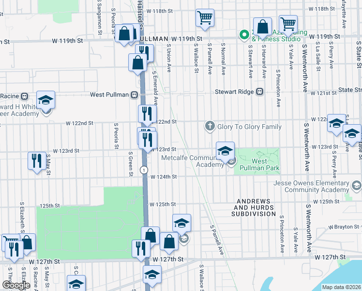map of restaurants, bars, coffee shops, grocery stores, and more near 12229 South Union Avenue in Chicago