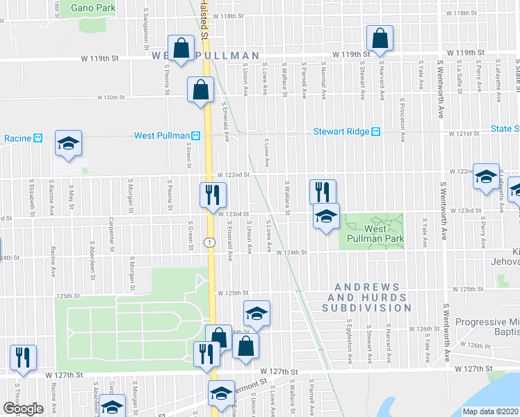 map of restaurants, bars, coffee shops, grocery stores, and more near 12229 South Union Avenue in Chicago