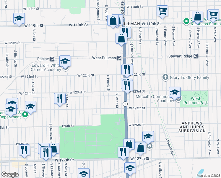 map of restaurants, bars, coffee shops, grocery stores, and more near 12229 South Peoria Street in Chicago