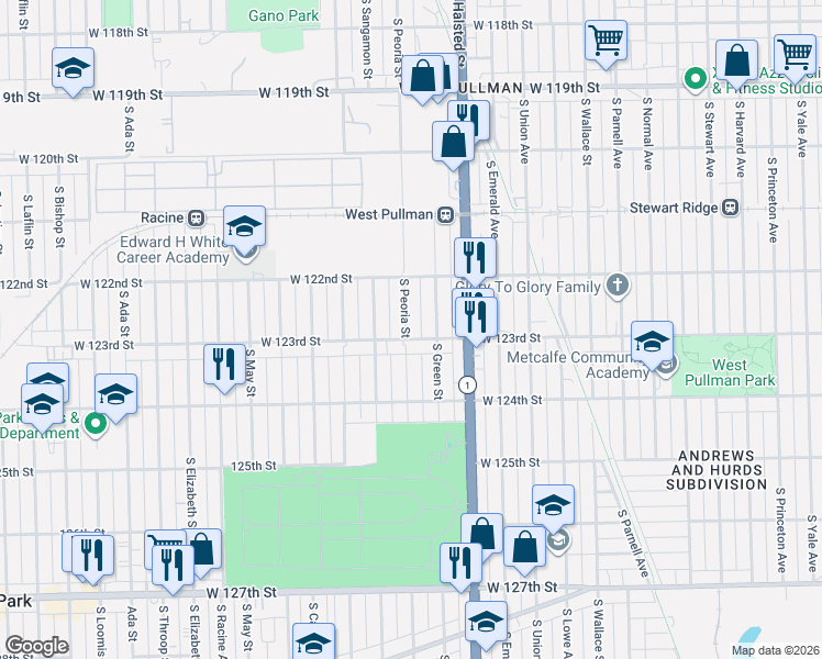 map of restaurants, bars, coffee shops, grocery stores, and more near 12229 South Peoria Street in Chicago