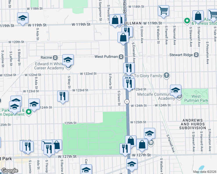 map of restaurants, bars, coffee shops, grocery stores, and more near 12227 South Sangamon Street in Chicago