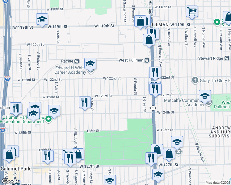 map of restaurants, bars, coffee shops, grocery stores, and more near 12225 South Morgan Street in Chicago