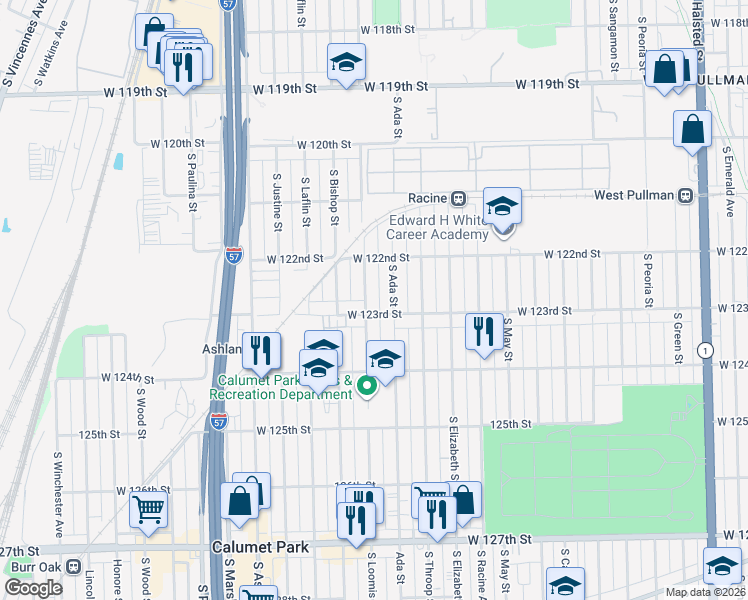 map of restaurants, bars, coffee shops, grocery stores, and more near 12218 South Ada Street in Chicago
