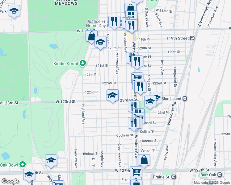 map of restaurants, bars, coffee shops, grocery stores, and more near 12205 Ann Street in Blue Island