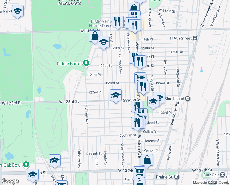 map of restaurants, bars, coffee shops, grocery stores, and more near 12205 Ann Street in Blue Island