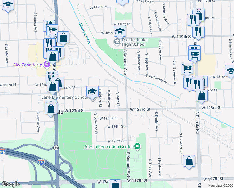 map of restaurants, bars, coffee shops, grocery stores, and more near 12214 South 44th Place in Alsip