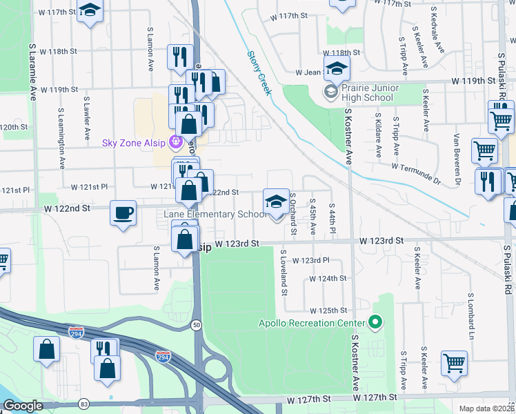 map of restaurants, bars, coffee shops, grocery stores, and more near 12201 South Rexford Avenue in Chicago