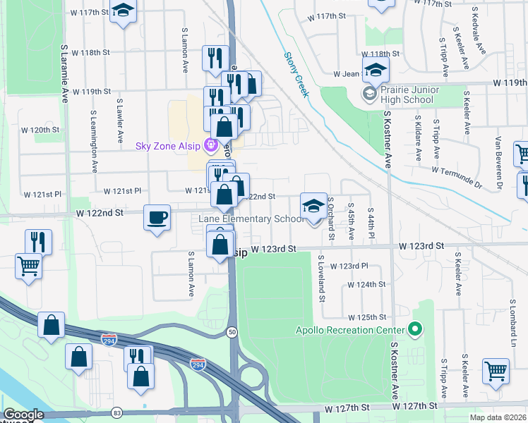 map of restaurants, bars, coffee shops, grocery stores, and more near 12159 South McDaniels Court in Alsip