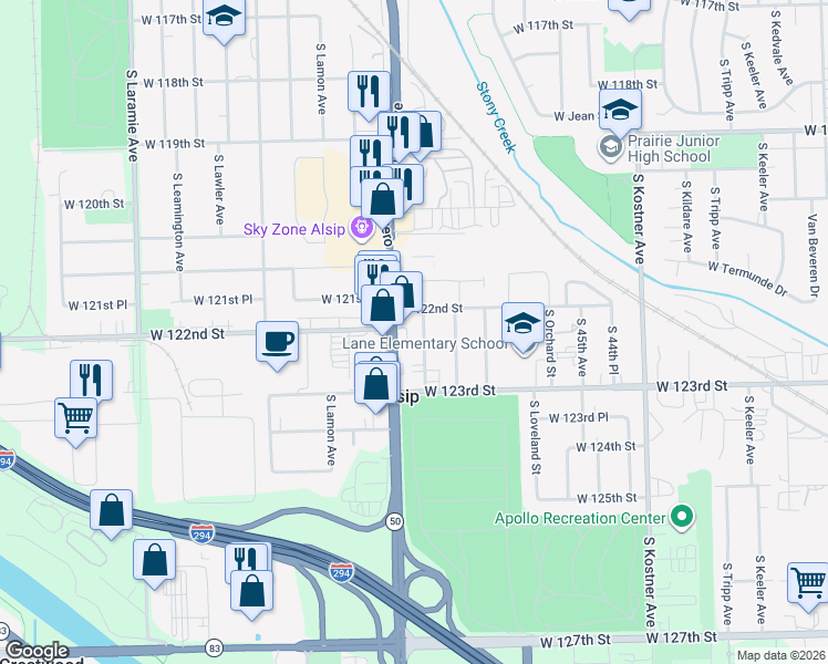 map of restaurants, bars, coffee shops, grocery stores, and more near 12147 South Cicero Avenue in Alsip