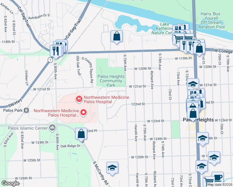 map of restaurants, bars, coffee shops, grocery stores, and more near 7600 West Coach Road in Palos Heights