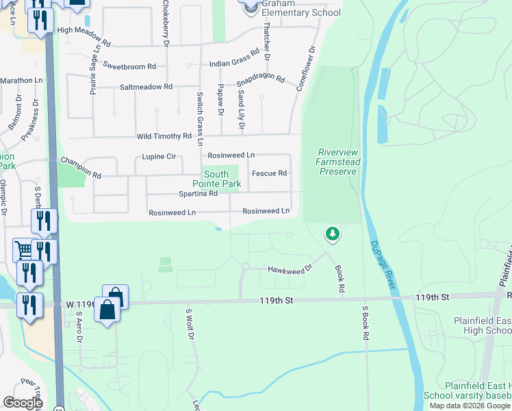 map of restaurants, bars, coffee shops, grocery stores, and more near 2219 Spartina Road in Naperville
