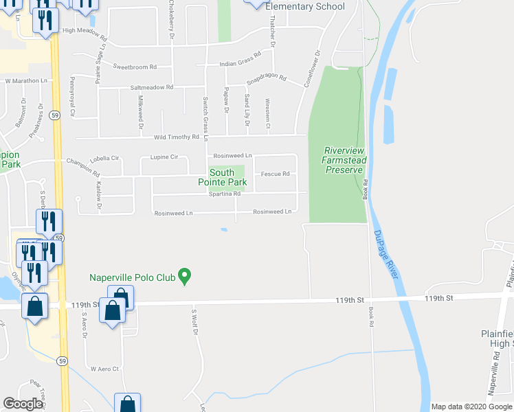 map of restaurants, bars, coffee shops, grocery stores, and more near 5511 Penncross Drive in Naperville
