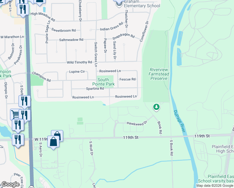 map of restaurants, bars, coffee shops, grocery stores, and more near 5511 Penncross Drive in Naperville